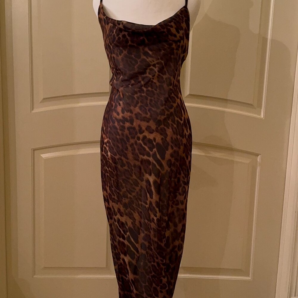 Lulus Women's Brown Leopard Print Cowl Neck Tie Back Sleeveless Maxi Dress Sz S